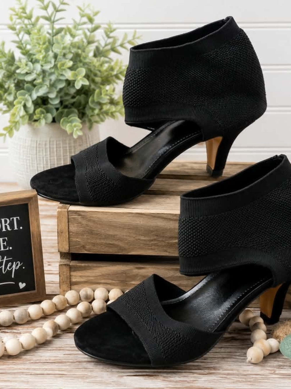 Women’s Black Knit Ankle Strap Heels